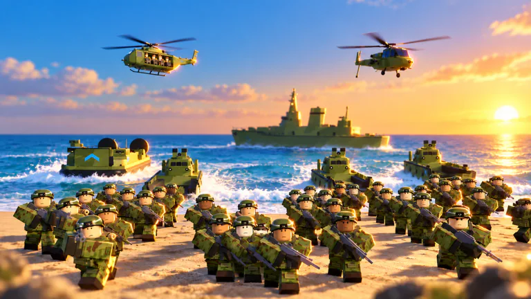 Army Commander Tycoon promotional artwork showing infantry on a beach, armored vehicles, helicopters and a ship at sunset.